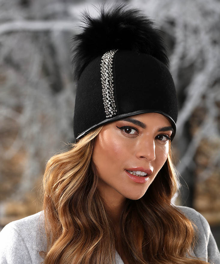 Black Rhinestone Pom Pom Hat